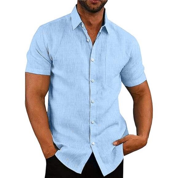 Men's Casual Button Down Shirts Short Sleeve Linen Shirts Summer Beach - Picture 1 of 6